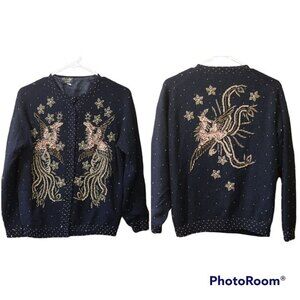 Vintage Oriental Wool Angora Beaded Black & Gold Phoenix Cardigan Sweater 44